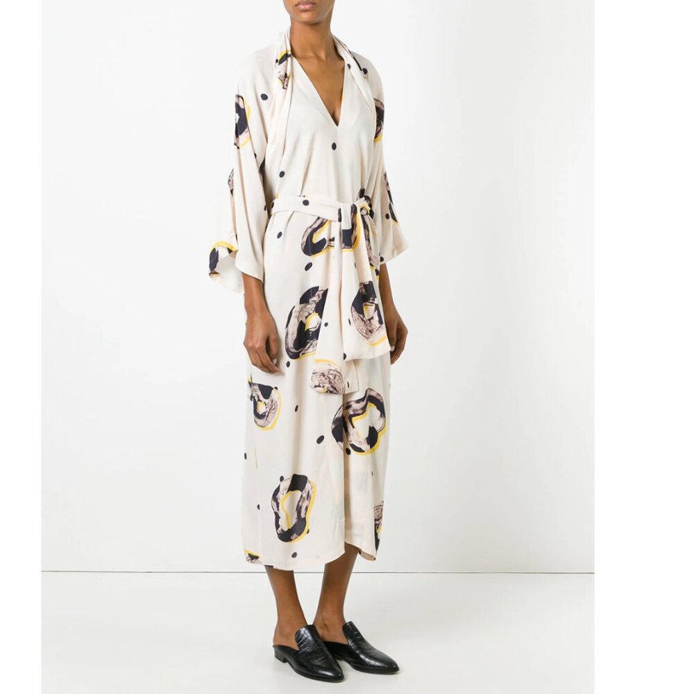Henry Vibskov Cream Printed Long Wrap Dress with Belted